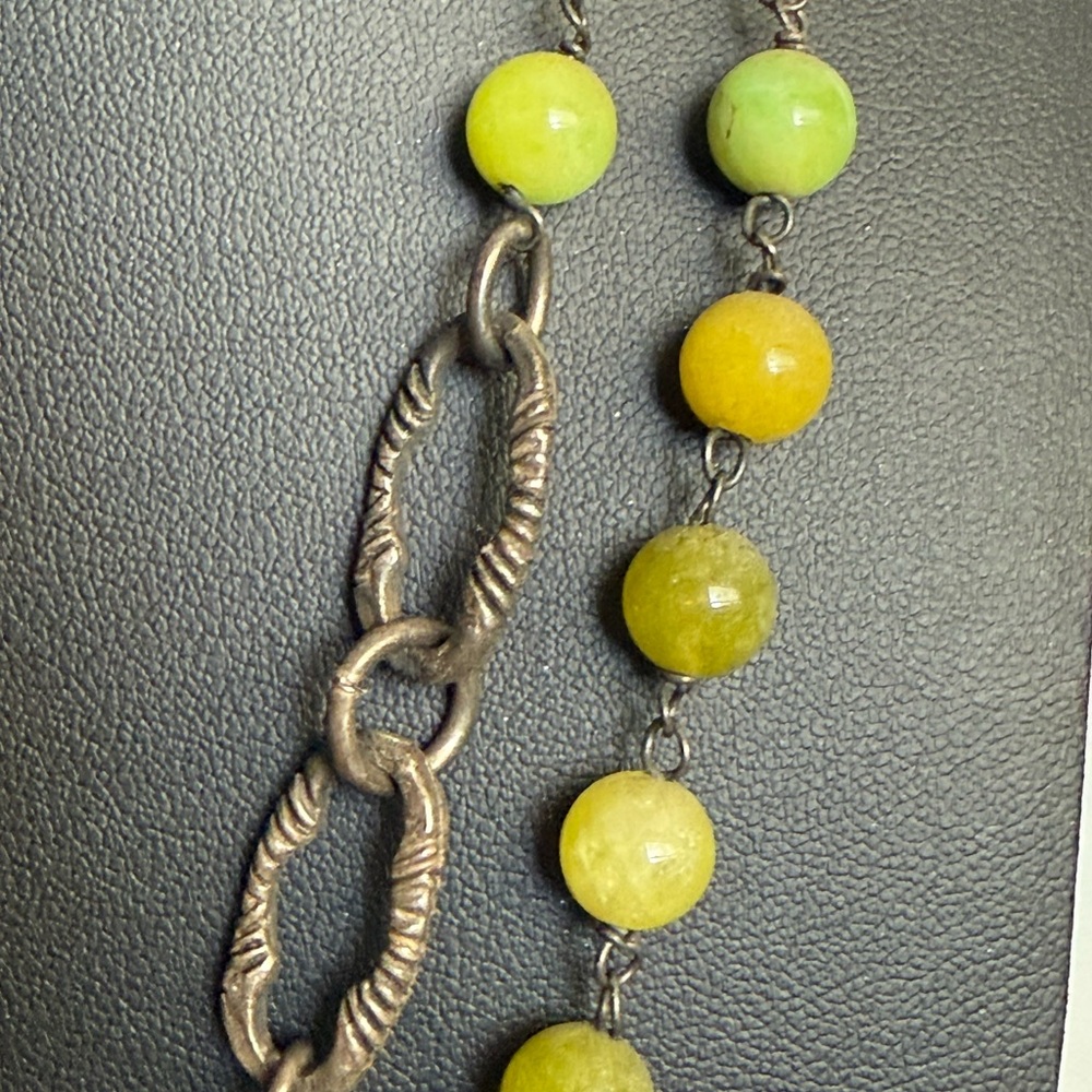Vintage Rustic Elegant Green and Yellow Beaded Sterling Necklace - Picture 7 of 16